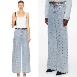 Self Portrait Square Rhinestone Wide Leg Denim Jeans